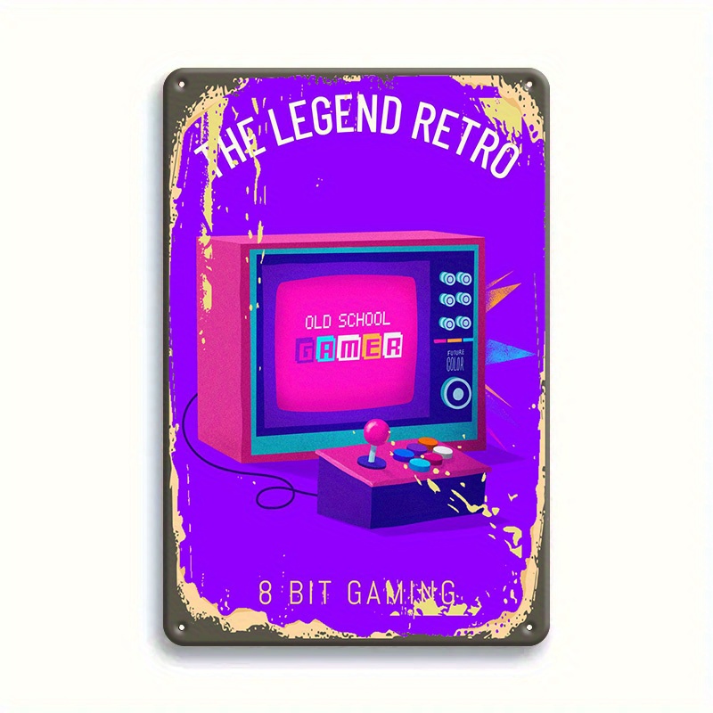 Retro Gaming Lounge - ป้ายโลหะเกมย้อนยุค 8 บิต - ศิลปะเกมสไตล์วินเทจ ตกแต่งผนังโลหะแข็งแรง