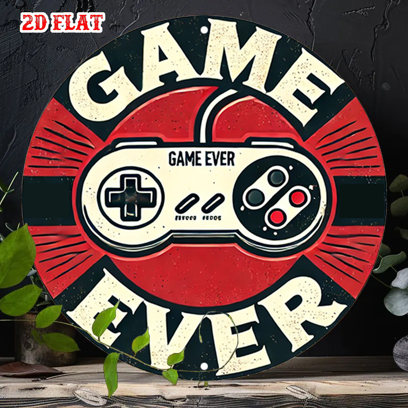 Retro Gaming Us - ป้ายโลหะอะลูมิเนียมทรงกลมลายเกมย้อนยุค 2 มิติ 1 ชิ้น, ป้ายโลหะลายคอนโทรลเลอร์