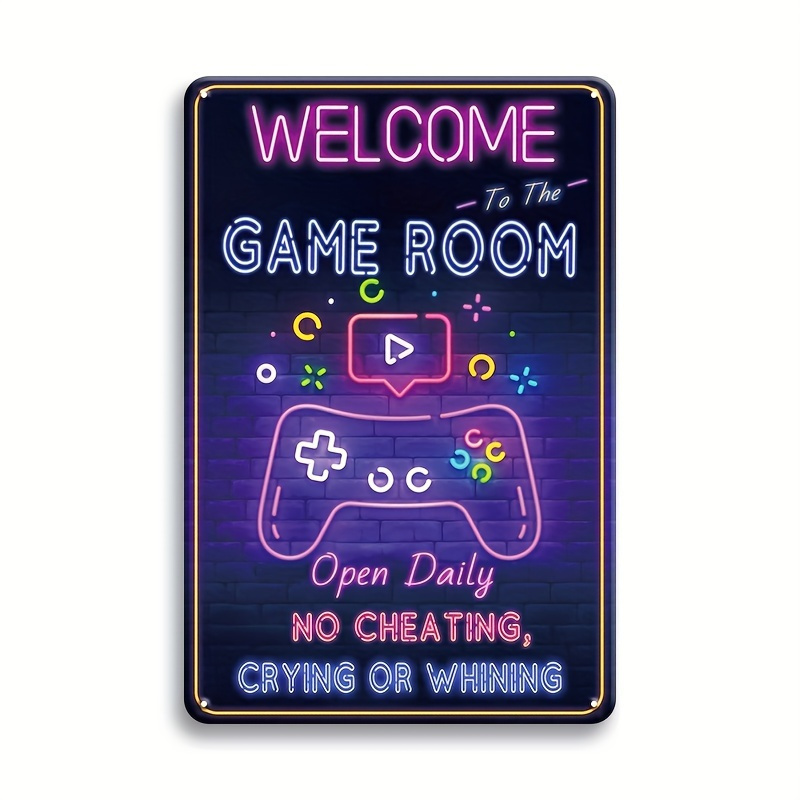 Retro Gaming Us - ยินดีต้อนรับสู่ป้ายโลหะห้องเกม - ของตกแต่งผนังเหล็กสไตล์เรโทรพร้อมธีมเกมนีออน โลโก้ประตูวิดีโอสุดเท่สำหรับห้องนอนเด็กผู้ชาย