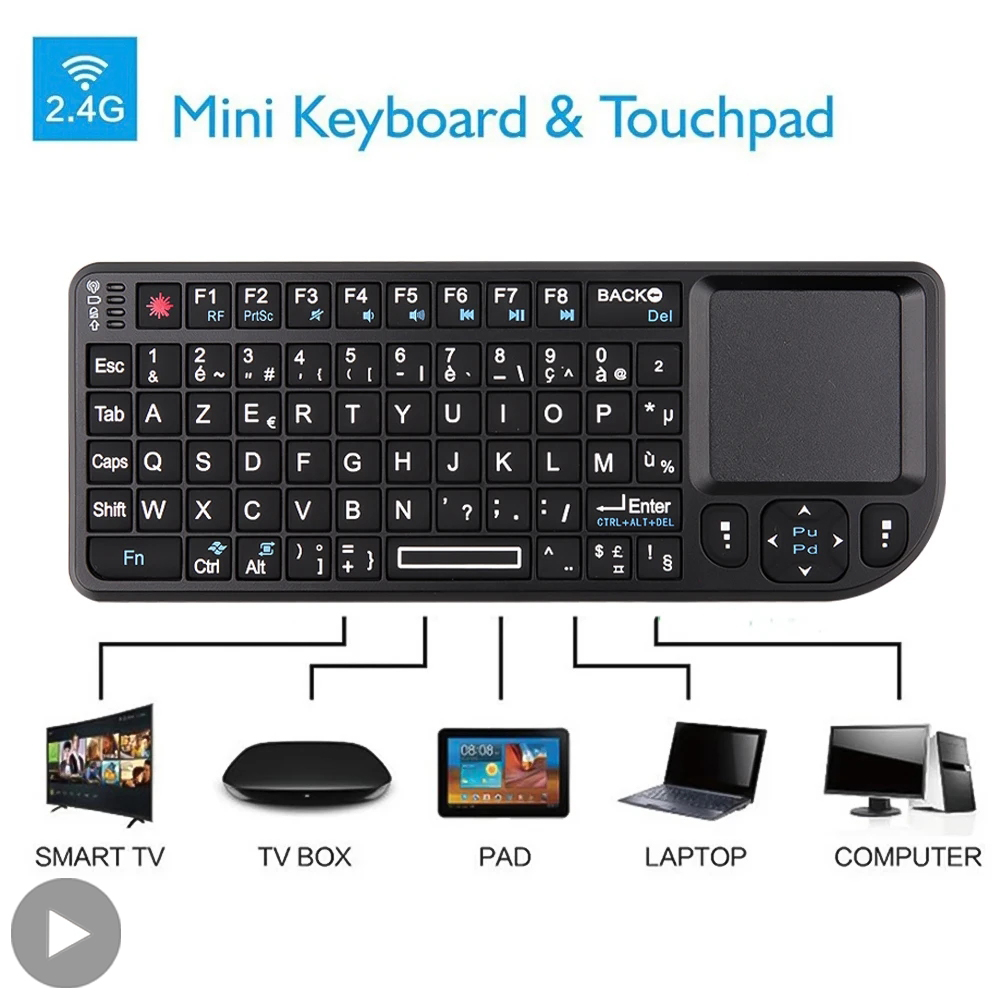 Retro Gaming Tv Box - คีย์บอร์ดไร้สายขนาดเล็กแบบมีไฟพื้นหลัง ภาษาฝรั่งเศส Azerty ภาษาสเปน ภาษารัสเซีย พร้อมทัชแพด